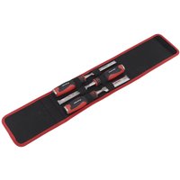 Sealey 3 Piece Hammer Thru Wood Chisel Set with red and black handles in a red-edged black storage pouch.