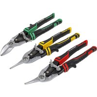 Sealey 3 Piece High Leverage Aviation Tin Snip Set with black handles and color-coded grips in green, yellow, and red.