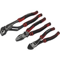 Sealey 3 Piece High Leverage Pliers Set with red and black ergonomic handles and polished steel jaws.