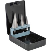 Sealey 3 Piece HSS Step Drill Bit Set with conical bits in black case, labeled sizes 4-30, 4-22, 4-12.