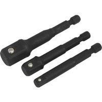 Black Sealey 3 Piece Impact Socket Adaptor Set with hex shanks and square drive ends in varying lengths.