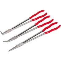 Sealey 3 Piece Long Reach Needle Nose Plier Set with red rubber grips and silver elongated metal jaws.