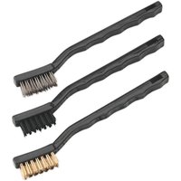 Black-handled mini hand brush set with three brushes: steel, nylon, and brass bristles.