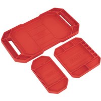 Red Sealey 3 Piece Non Slip Flexible Tool Tray Set with handles, various compartments, and textured surface.