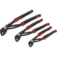 Sealey 3 Piece Quick Action Waterpump Pliers Set with red and black handles, adjustable jaws, and silver pivot joints.