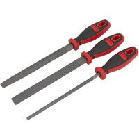 Sealey 3 Piece Rasp File Set with black and red ergonomic handles and metal rasp blades.