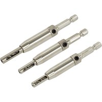 Sealey 3 Piece Self Centering Chamfered Hinge Drill Bit Set, silver metal with hex shanks and chamfered tips.