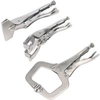Sealey 3 Piece Sheet Metal and Welding Clamp Set, silver metal clamps with adjustable screws and various jaw shapes.