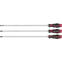Sealey 3 Piece Screwdriver Set with red and black ergonomic handles, featuring long slotted and Phillips tips.