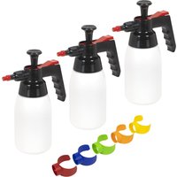 Sealey 3-piece pressure sprayer set with white bottles, black handles, red nozzles, and color-coded caps.