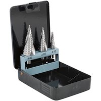 Sealey 3 Piece Spiral Fluted HSS Step Drill Bit Set in black case, featuring silver cone-shaped bits with size markings.