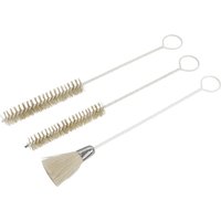 Sealey 3 Piece Spray Gun Cleaning Brush Set with white handles and bristles, includes two long brushes and one round brush.