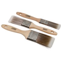 Sealey 3 Piece Synthetic Paint Brush Set with wooden handles and metal ferrules, featuring soft bristles.