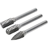 Sealey 3 Piece Tungsten Carbide Rotary Burr Set with silver cylindrical, oval, and pointed shapes, textured cutting surfaces.