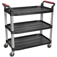 Black Sealey 3 Shelf Composite Workshop Trolley with red handle grips and four swivel caster wheels.