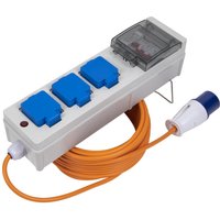 White Sealey extension with three blue sockets, RCD cover, and orange cable for caravan and camping use.