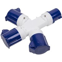 White and blue Sealey 3-way cable socket adaptor with a cross-shaped design and three sockets for 240v connections.