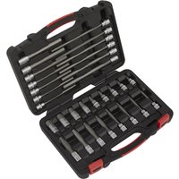 Sealey 30 Piece 3/8" Drive Hexagon Socket Bit Set in black case with red clasps, featuring organized silver bits.