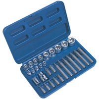 Blue Sealey case with 30-piece Torx socket and bit set, featuring silver sockets and bits in organized slots.