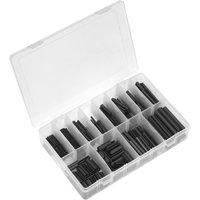Clear plastic case with compartments holding black steel spring roll pins in various sizes, totaling 300 pieces.
