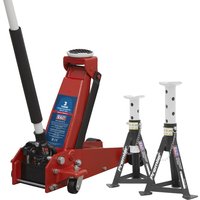 Red Sealey trolley jack with black handle and two black and white adjustable axle stands.