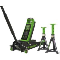 Green and black Sealey trolley jack with long handle, paired with two green and black axle stands, 3 tonne capacity each.