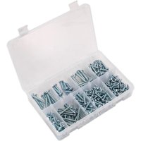 Sealey 305 piece pan head self-tapping screw assortment in a clear plastic organizer with multiple compartments.