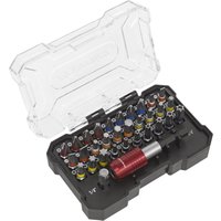 Sealey 32 piece screwdriver bit set with color-coded bits in a black plastic case with a clear lid.