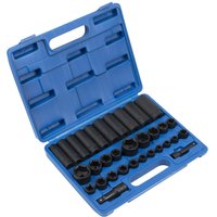Blue Sealey case with 32 black impact sockets, various sizes, organized in molded slots.
