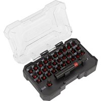Sealey 32 piece impact grade screwdriver bit set in black case with clear lid, featuring various bit sizes and a red-accented holder.