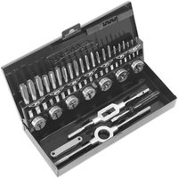 Sealey 32 Piece Metric HSS Tap and Die Set in black case with assorted taps, dies, and wrenches neatly arranged.