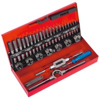 Red Sealey 32 piece tap and split die set with silver taps, dies, and blue-handled screwdriver in a red case.