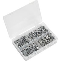 Clear plastic box with 320 steel hex nuts in assorted sizes, organized in compartments, by Sealey.