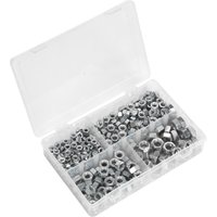 Clear plastic box with assorted steel nuts, organized in compartments, labeled "Sealey 320 Piece Steel Nut Assortment Imperial UNF".