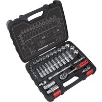 Sealey 34 Piece 3/8" Drive Socket Set in black case with chrome sockets, ratchet, and red-handled accessories.