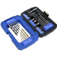 Sealey 35 Piece Drill and Screwdriver Bit Set in blue and black case, featuring various metal bits and screwdriver heads.