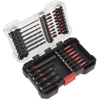 Sealey 35 piece impact grade drill and screwdriver bit set in black and red, housed in a clear-lid plastic case.