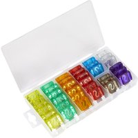 Clear plastic box with assorted colorful automotive maxi blade fuses, organized in rows by color and size.