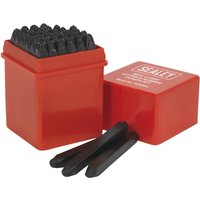 Red Sealey 36 Piece Letter and Number Punch Set with black steel punches in a square red plastic case.