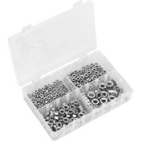 Clear plastic box with compartments containing assorted silver steel metric nuts.