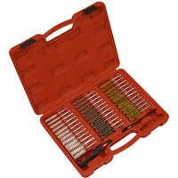 Red Sealey case with 38 brass, steel, and nylon injector bore cleaning brushes, organized in rows.