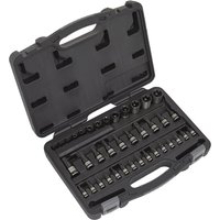 Black Sealey 38-piece Torx and Security Torx socket bit set in a hard plastic case with organized slots.