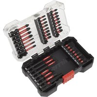 Sealey 38 piece screwdriver bit set in black and red with clear plastic case and organized slots.
