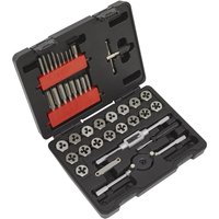 Black Sealey 39 Piece Tap and Die Set in open case with assorted silver taps, dies, and handles.