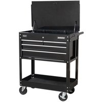 Black Sealey 4 Drawer Heavy Duty Mobile Tool Trolley with open top compartment and four caster wheels.