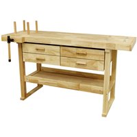 Wooden Sealey workbench with four drawers, side vise, and lower shelf, featuring a natural wood finish.