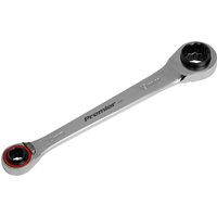 Sealey 4 in 1 reversible ratchet ring spanner, silver with dual black and red ring ends, engraved with "Premier".