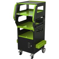 Black and green Sealey 4 Level Workshop Diagnostics Trolley with wheels and side handles.