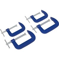 Blue Sealey G Clamp set with two 75mm and two 100mm clamps featuring silver screws and handles.