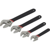 Sealey 4-piece adjustable spanner set with nickel ferrous finish, black handles, and red accents.